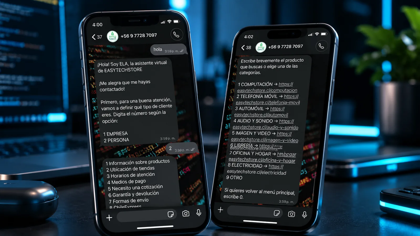 Dos celulares con conversaciones de WhatsApp con ELA, la asistente virtual de EasyTech Store: a la izquierda el saludo y el menú principal, a la derecha el menú de categorías de productos