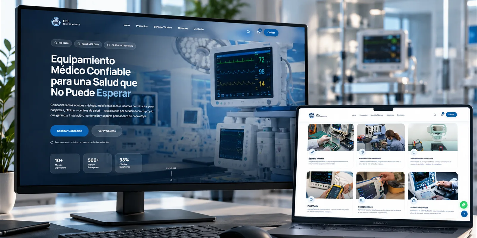 Sitio de OEL Equipos Médicos: la página principal en un monitor y la sección de servicio técnico en un notebook
